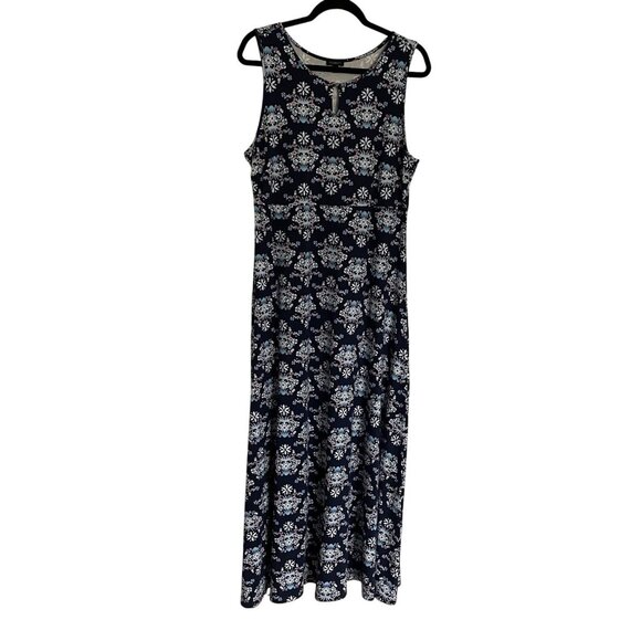 Talbots Women L Navy Blue Floral Sleeveless Keyhole Knit Jersey Maxi Dress - Picture 2 of 10